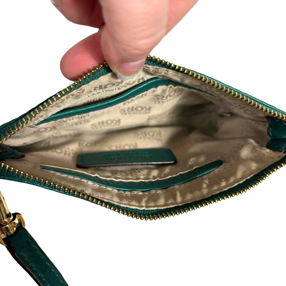 Michael Kors Fulton Leather Wristlet Deep Sea Green Pebbled Leather MK Logo - Picture 7 of 10